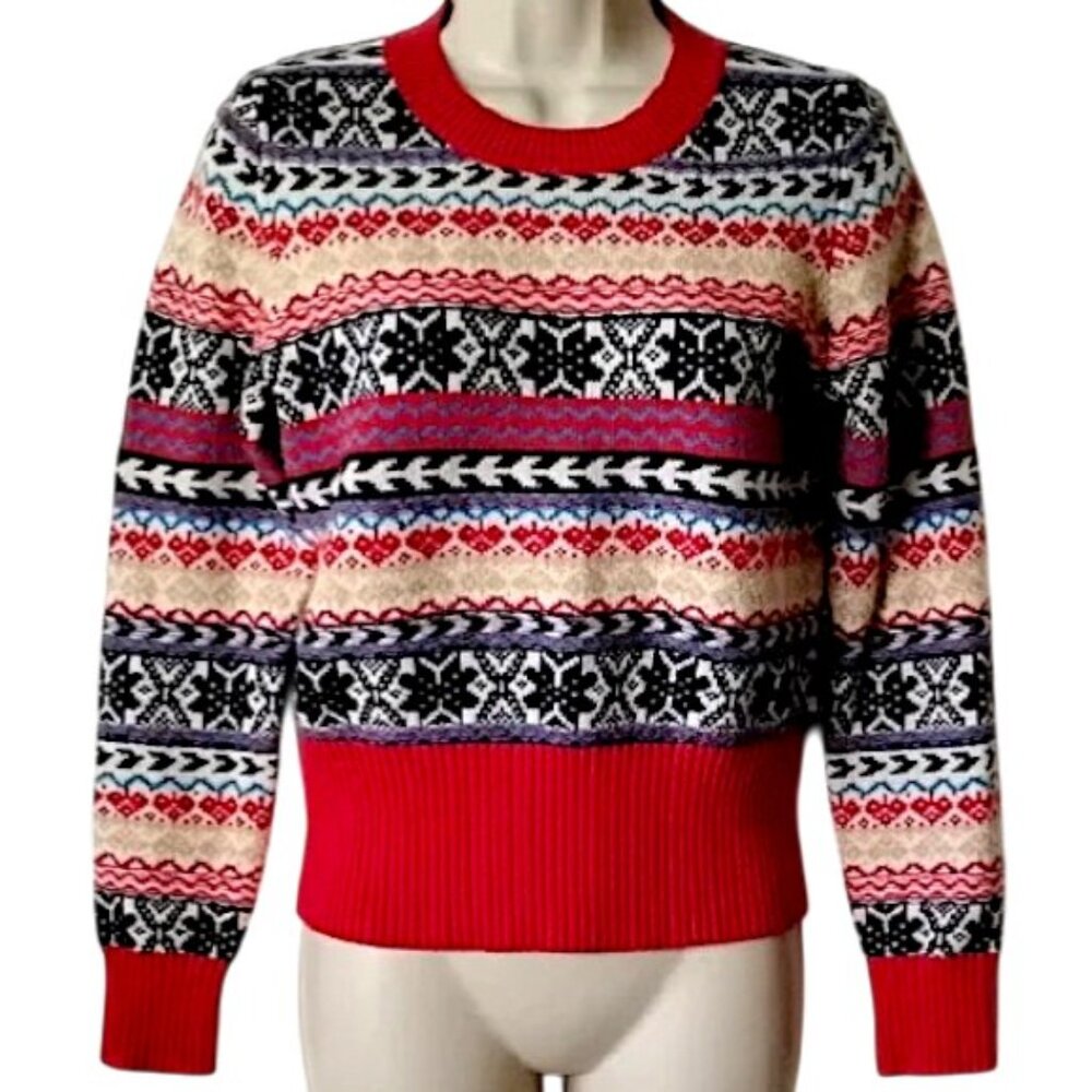 J Crew Faire Isle Wool Blend Crop Sweater XS Red Black Cream Blue Holiday 2019